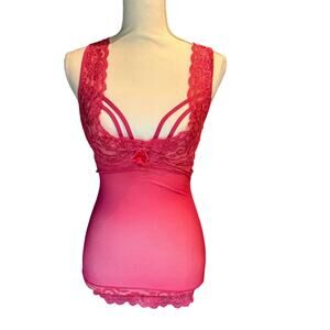 Frederick's of Hollywood Lingerie Size Small Babydoll Lace PeekABoo Hot Pink